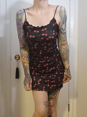 Y2K Cherry Print Slip Dress Black & Red Mini Sz S